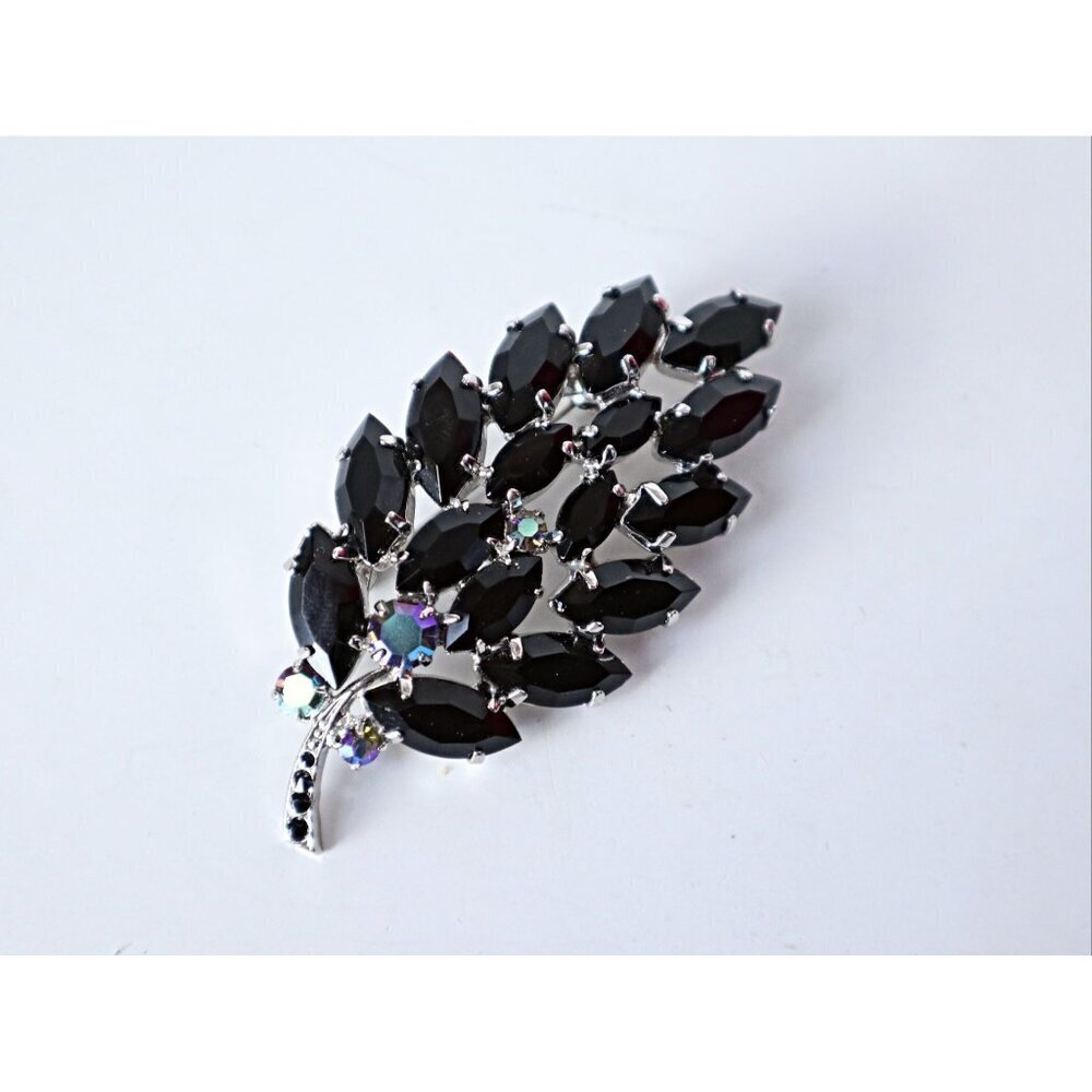 Vintage Brooch Jet Black Glass Rhinestones Aurora Borealis Mid Century Pin